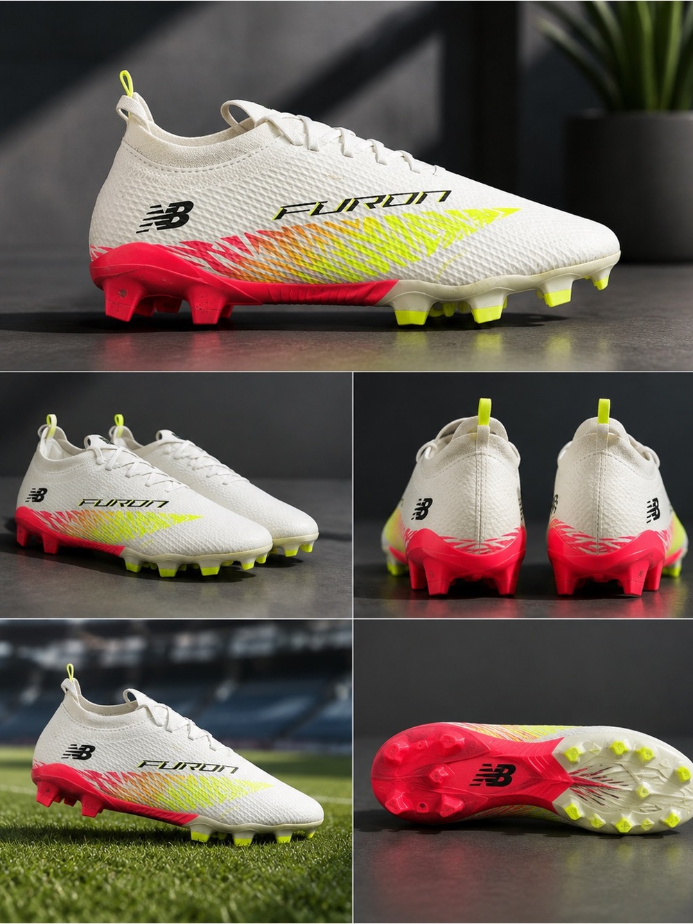 New Balance Furon Men's Soccer Cleats - White with Neon Yellow & Hot Pink